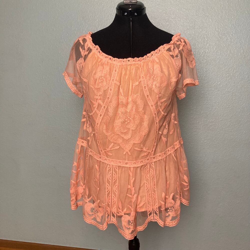 M Entro Orange Pink Ruffle Mesh Floral Lace peplum Short Sleeve Boho Bohemian